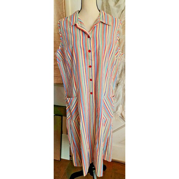 Vintage 60s Rainbow Stripe Shirt Dress Pockets Sleeveless 2X? - Picture 1 of 3